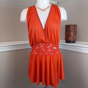 Free People Womens Orange  Embroidered Lace Inset Peplum Top Size Medium‎